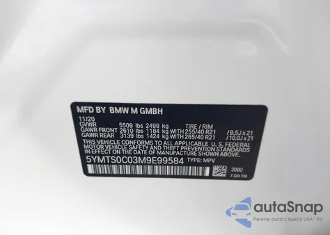 2021 BMW X3 M z USA, uszkodzony, nr VIN 5YMTS0C03M9E99584